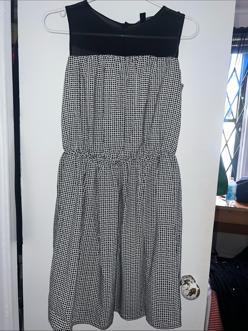 Mango Black and White Sleeveless Mesh Yoke Midi Dress